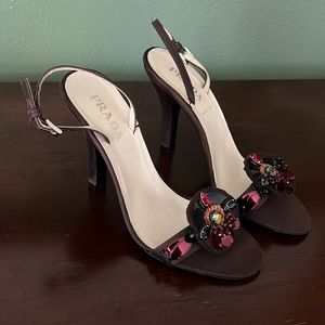 Prada size 37 brown embellished sling backs